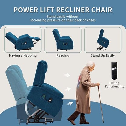 Korser Oversized Power Lift Recliner for Elderly, Extra Wide Electric Recliner Chairs with Massage and Heat, Reclining Chair with Side Pockets, Recliner for Living Room (Cashmere, Blue)
