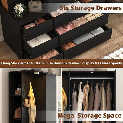 Black Wardrobe Closet with Mirror and LED Light, Armoire Wardrobe with 6 Drawers, Hanging Rod, Open Shelves, Freestanding Bedroom Storage Cabinet