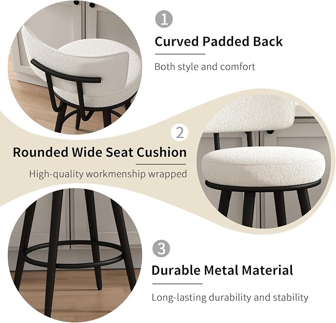 Bar Stools Set of 4, 26 Inches Modern Counter Stools with Metal Legs, Boucle Barstools with Backs, Bar Chairs for Kitchen Island, Upholstered Fabric White 2501