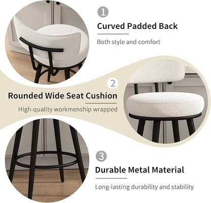 Bar Stools Set of 4, 26 Inches Modern Counter Stools with Metal Legs, Boucle Barstools with Backs, Bar Chairs for Kitchen Island, Upholstered Fabric White 2501