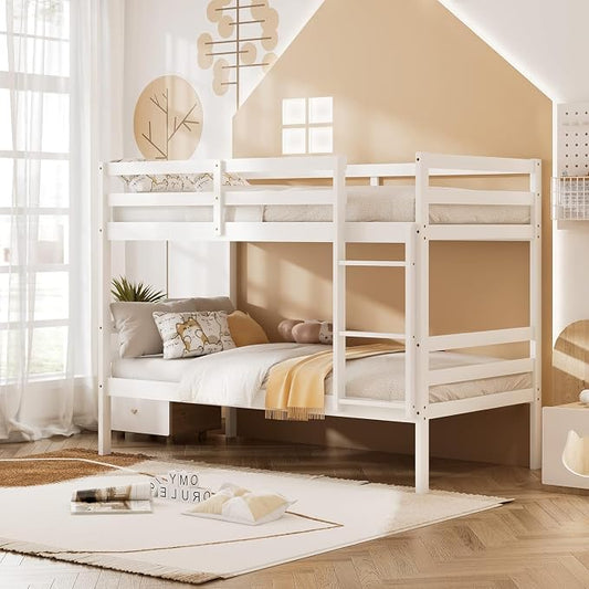 NAFORT Bunk Bed Twin Over Twin, Solid Wood Bunk Bed with Ladder and Safety Rails, Wooden Bed Frame for Kids Teens or Guests, Space-Saving Furniture for Bedroom Dorm, White
