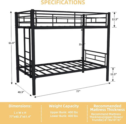 HRVEOCEI 2-Way Convertible Twin Over Twin Bunk Bed with Guardrail & Ladders, Metal Low Bunkbed for Kids Boys Girls, Heavy Duty, No Box Spring Needed, Space-Saving (Black, No Trundle)