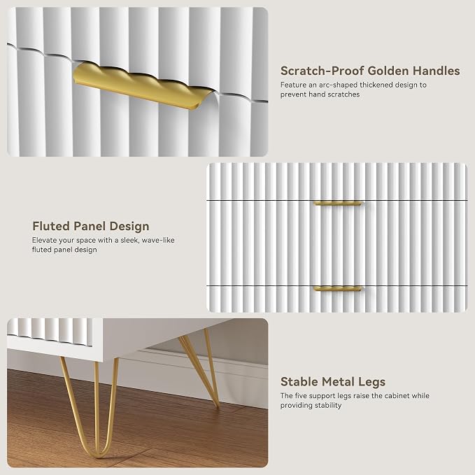 White 6 Drawer Dresser with Golden Handle, Fluted Wood Dressers, Modern Chest for Bedroom, Living Room, Hallway, Entryway