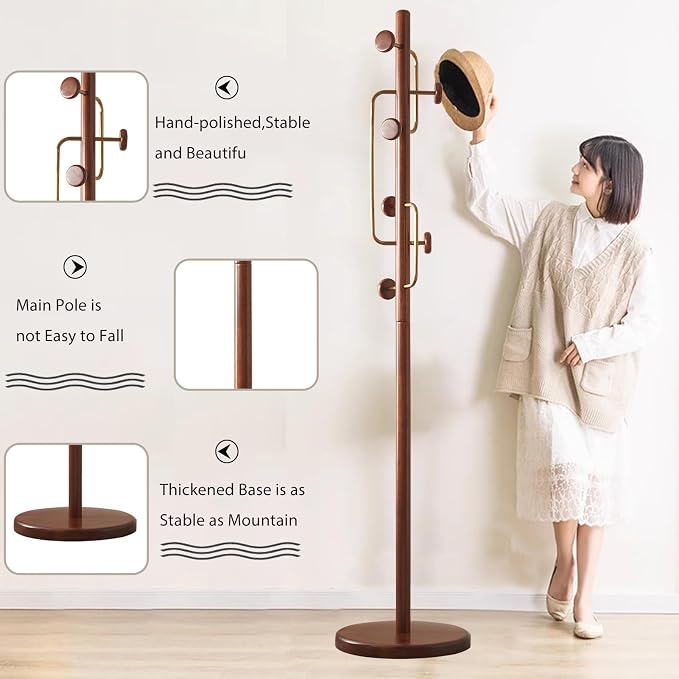 Wooden Coat Rack Freestanding, Hall Tree Hanger With Resin Hooks, Adjustable Heavy Duty Coat Rack for Hanging Clothes Bags Hats in Living Room Bedroom (coat rack, Luxury Hook)