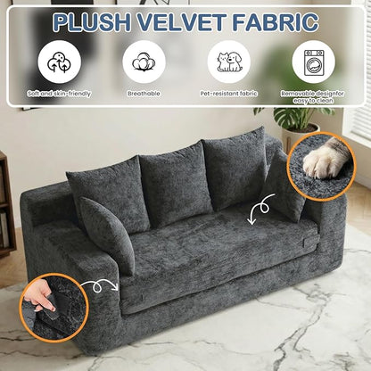 Boneless Couches 70", 3 Seater Boneless Couch with Pull Out Sofa Bed, Gray Boneless Couch with 5 Pillows, Plush Velvet Sofa for Living Room & Bedroom