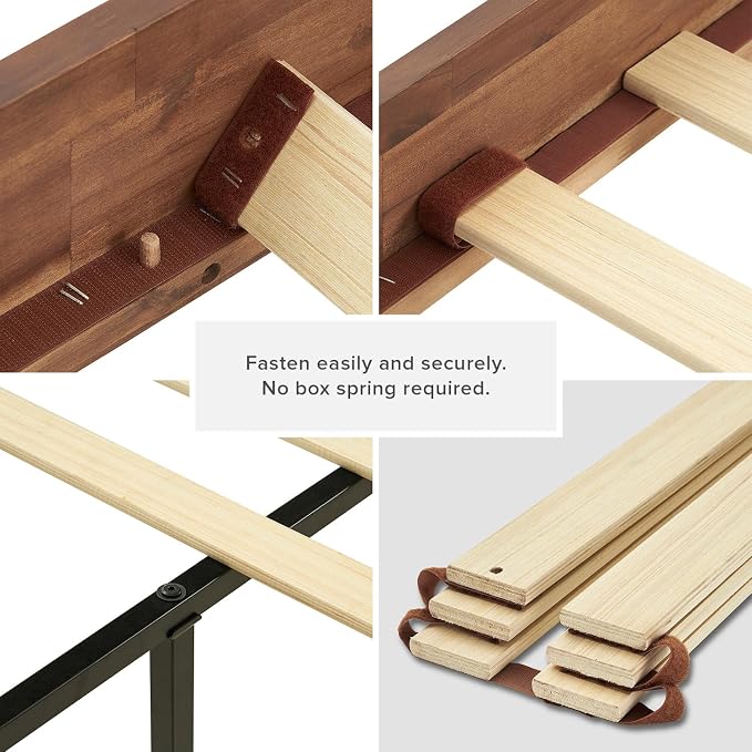mopio Ted Bed Frame with Headboard, Mid Century Modern Acacia Solid Wood Platform Bed Frame, Wooden Slats, No Box Spring, Double Metal Bar Support (Solid Wood, King (U.S. Standard))