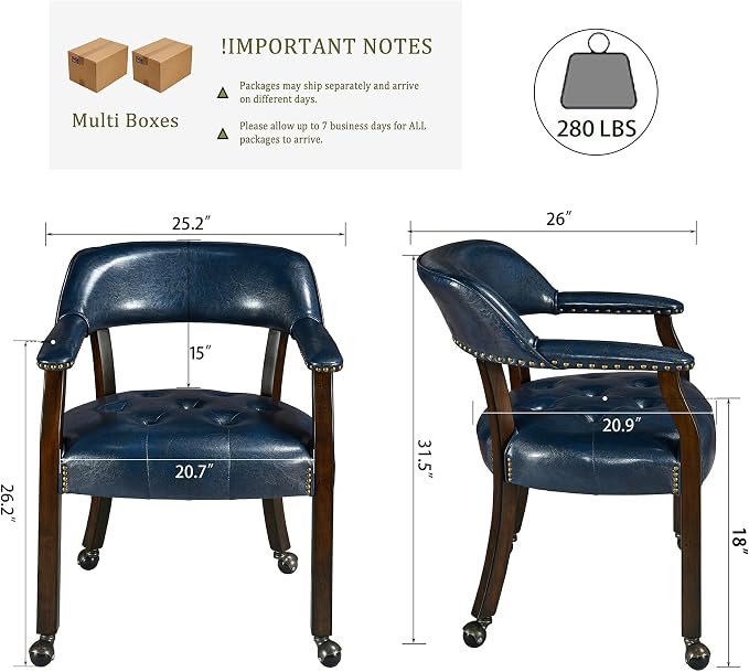 LEEMTORIG Set of 4 Dining Chairs with Casters and Arms, Large Rolling Dining Chairs with Wheels, Accent Solid Wood Boss Caption's Chairs, 26" Dx25.2 Wx31.5 H, Espresso Legs & Dark Blue PU SY-318-LB