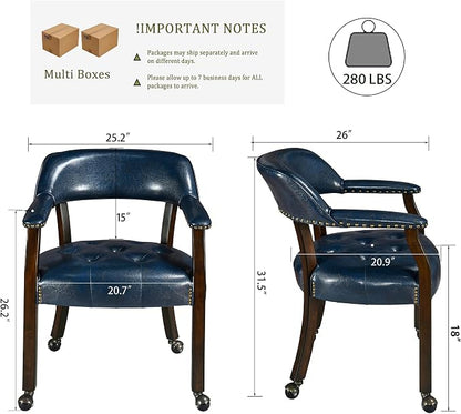 LEEMTORIG Set of 4 Dining Chairs with Casters and Arms, Large Rolling Dining Chairs with Wheels, Accent Solid Wood Boss Caption's Chairs, 26" Dx25.2 Wx31.5 H, Espresso Legs & Dark Blue PU SY-318-LB