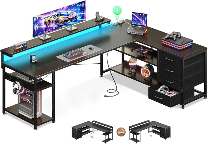 AODK 69" L Shaped Desk with Drawer, Computer Desk with Power Outlets & LED Lights, Reversible Corner Gaming Desks for Home Office Workstation, Office Table with Monitor Shelf, Black
