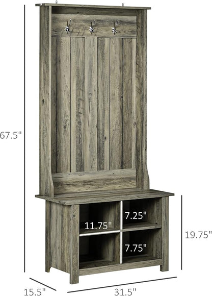 HOMCOM Hall Tree with Shoe Storage Bench, Entryway Bench with Coat Rack, Accent Coat Tree with Adjustable Shelves for Hallway, Living Room, Grey