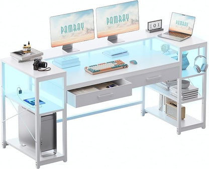 Pamray 58 Inch Computer Desk with Monitor Stand and Shelves Gaming Desk with LED Lights & Power Outlets PC Vanity Table with 2 Drawers for Home Office White