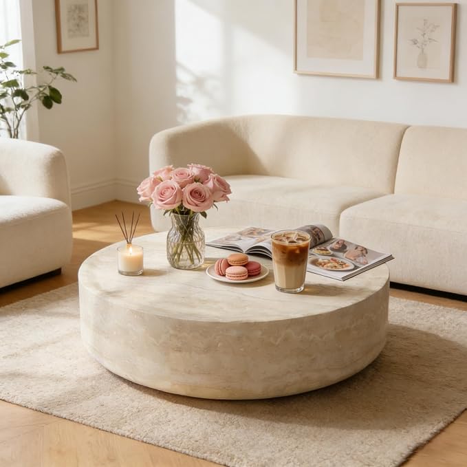 Faux Marble Coffee Table, Modern Round Coffee Table for Living Room, Circle Drum Coffee Side Tables, Fiberglass Center End Table for Small Place Apartment Office, 31.49" Marble