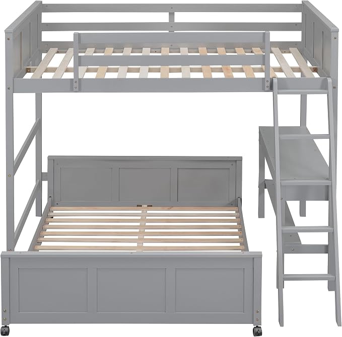 Ball & Cast Full Over Full Bunk Bed with Safty Guardrail & Stairway,Heavy Duty Wood Loft Bedframe W/Desk & Drawers,Easy Assembly,Versatile Functional Bedroom Furniture Set for Boy Girl Teens,Gray