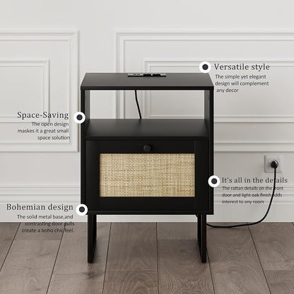 Masupu Rattan Nightstand with Charging Station,Modern Boho Farmhouse Wood Bedside Table with Storage Drawer and Open Shelf,Small Black Frame Side End Table for Bedroom,Living Room,Office (Black)