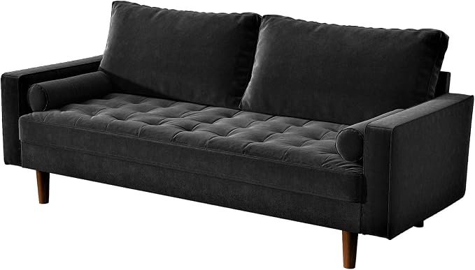 Container Furniture Direct Womble Mid Century Modern Velvet Upholstered Tufted Seat with Bolster Pillows, Sofa, Midnight