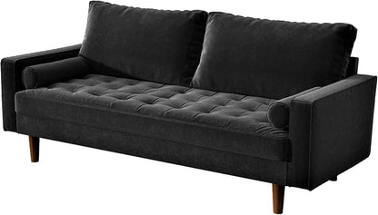 Container Furniture Direct Womble Mid Century Modern Velvet Upholstered Tufted Seat with Bolster Pillows, Sofa, Midnight