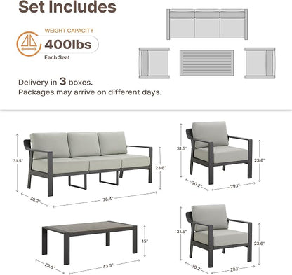 KISLOT Aluminum Outdoor Patio Furniture Set with Coffee Table,5 Seater Patio Conversation Sets with Washable Thick Cushions,Outdoor Sectional Furniture Set for Poolside, Balcony,Gray Aluminum Frame