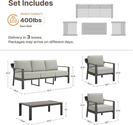 KISLOT Aluminum Outdoor Patio Furniture Set with Coffee Table,5 Seater Patio Conversation Sets with Washable Thick Cushions,Outdoor Sectional Furniture Set for Poolside, Balcony,Gray Aluminum Frame