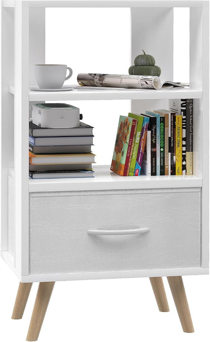 Aenuert Night Stand, White Nightstand with Drawer, Side Table with Open Storage, 3-Tier Modern End Table, Bedside Table for Small Space, Living Room, Bedroom
