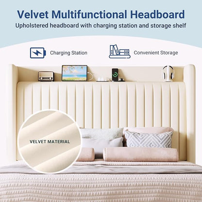 Allewie King Size Platform Bed Frame with USB Charging Station and Storage Shelf/Upholstered Velvet Wingback Headboard/Wooden Slats Support/No Box Spring Needed/Easy Assembly, Cream