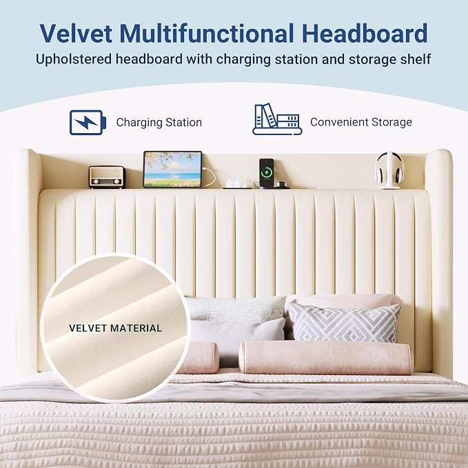 Allewie Queen Size Platform Bed Frame with USB Charging Station and Storage Shelf/Upholstered Velvet Wingback Headboard/Wooden Slats Support/No Box Spring Needed/Easy Assembly, Cream