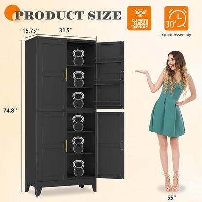GAIOUS 74.8" Tall Metal Food Cabinet, Black Kitchen Pantry Cabinet Cupboard | Food Storage, Kitchen Organizer, Storage Cabinet with 4 Door and 4 Adjustable Shelves, Steel Freestanding, for Dining Living