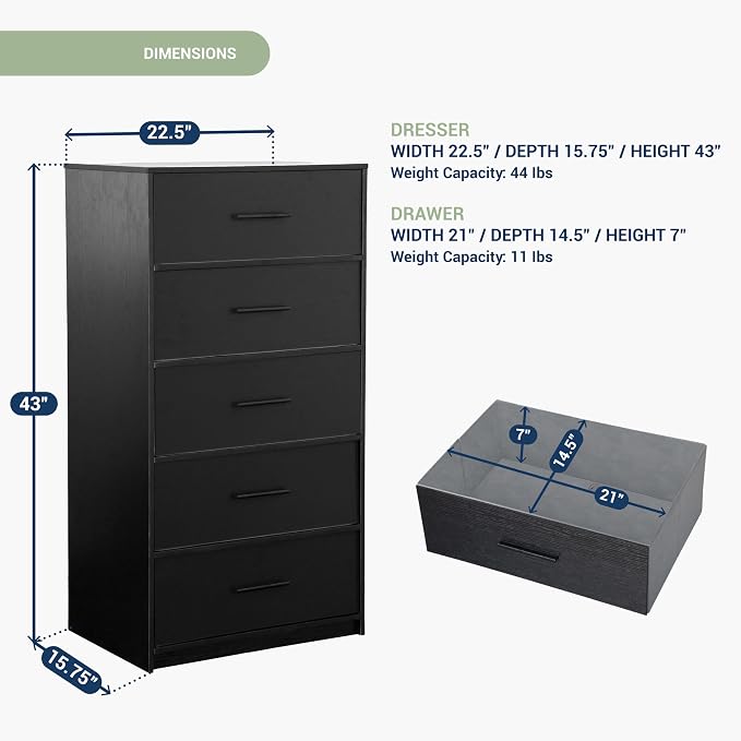 5-Drawer Dresser with Extra Large Fabric Drawers, Wood Frame Dresser with 5 Drawers for Bedroom or Living Room Storage, Hallway, Fabric Bins for Closet or Hallway Storage Organizer, Toy Chest, Black | 5-drawer dresser, fabric storage drawers, sturdy wo...