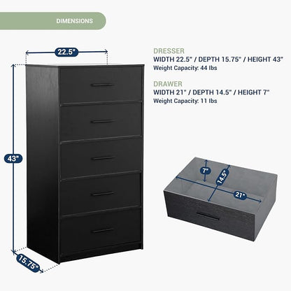 5-Drawer Dresser with Extra Large Fabric Drawers, Wood Frame Dresser with 5 Drawers for Bedroom or Living Room Storage, Hallway, Fabric Bins for Closet or Hallway Storage Organizer, Toy Chest, Black | 5-drawer dresser, fabric storage drawers, sturdy wo...