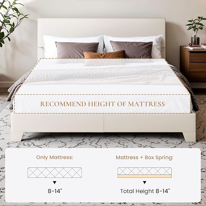 SHA CERLIN PU Leather Upholstered Full Size Bed Frame with Headboard, White | Adjustable Low-Profile Platform Bed, Minimalist Design, Stable Mattress Foundation, Strong Back-Support, No Box Spring Needed