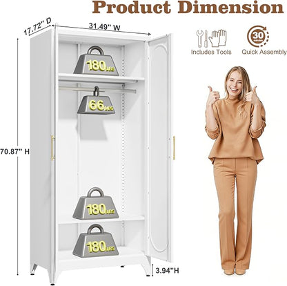 71" Arched Metal Wardrobe Closet with Full-Length Mirror, French Elegance Steel Armoire Clothes Storage Cabinet with Hanging Rod & Adjustable Shelves for Bedroom Home Office, 18" Deep White