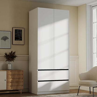 White Armoire Wardrobe Closet: 75" Large Wardrobe Closet with 4 Doors, Modern Bedroom Armoires with 4 Drawers, Tall Wood Closets for Hanging Clothes