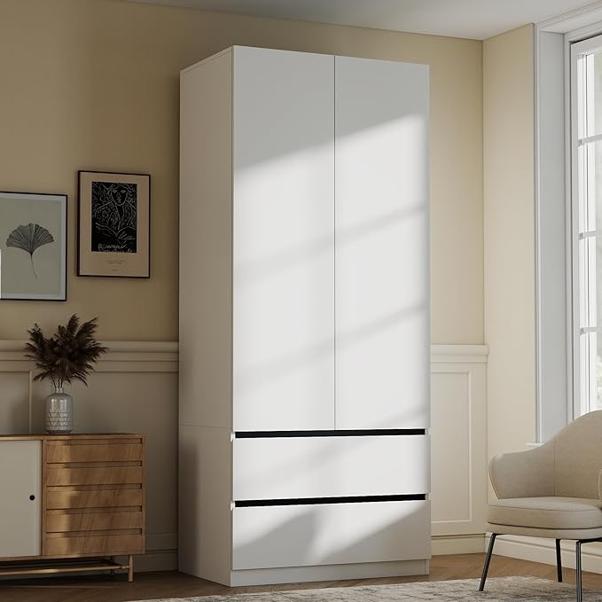 White Armoire Wardrobe Closet: 75" Large Wardrobe Closet with 6 Doors, Modern Bedroom Armoires with 6 Drawers, Tall Wood Closets for Bedroom