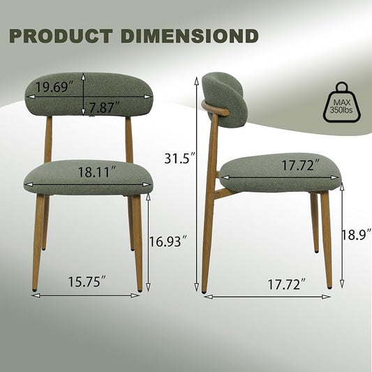FREKEN Modern Upholstered Dining Chairs Set of 4, Mid-Century Metal Frame with Wood Grain, Linen Fabric Side Chair for Kitchen Dining Room, 350lbs Capacity, Green