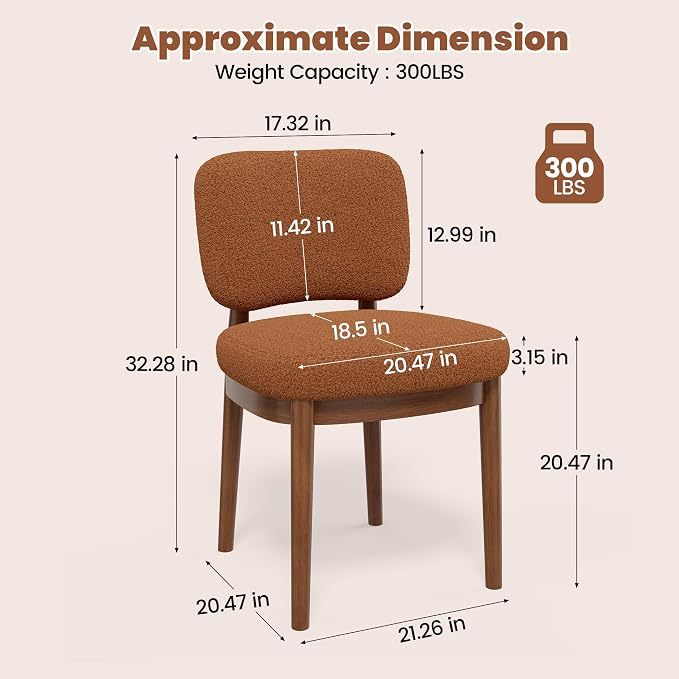 Wooden Dining Chairs Set of 2, Boucle Upholstered Kitchen Chairs with Solid Wood Legs, Mid Century Modern Dining Chairs, Farmhouse Side Chair with Hardwood Frame for Dining Room, Brown