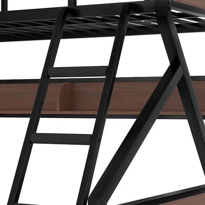 Bellemave Bunk Bed Twin XL Over Queen with LED, Heavy Duty Metal Bunk BedFrame with Storage Shelves and Lights, Black