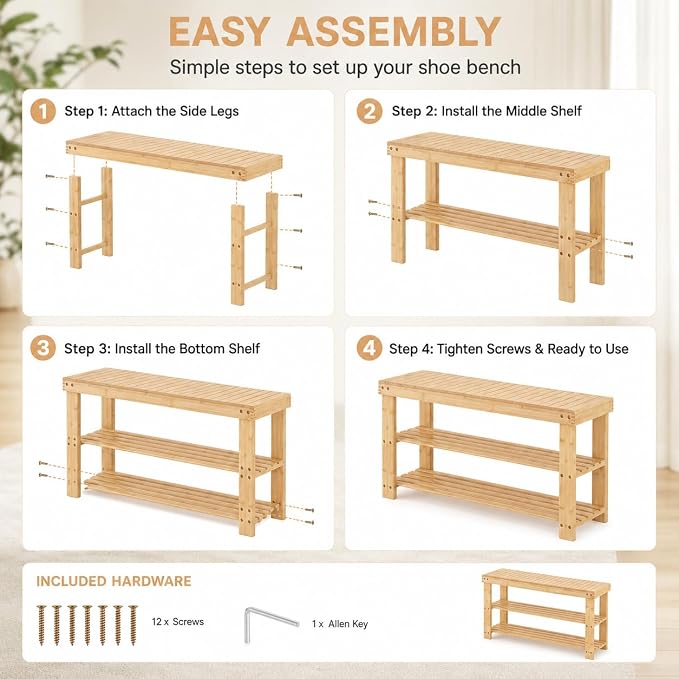 Shoe Rack Bench, 3-Tier Shoe Storage Organizer for Entryway , Shoe Shelf for Small Spaces, Multi-Functional Side Table Plant Stand, Shoe Stand for Bedroom, Living Room, Closet, Front Door, Natural