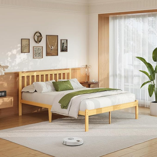 Askeld Wood Queen Bed Frame with Headboard, 14 Inch High Solid Bamboo Platform Bed No Box Spring Needed, Mid-Century Heavy Duty Bedframe, Easy Assembly, Noise Free