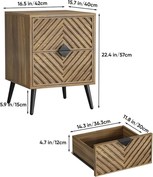 Smuxee Walnut Wooden Nightstand with 2 Drawers, Mid Century Night Stand with Fluted Diamond Doors, Bedside Table with Metal Feet, Modern End Side Table for Bedroom