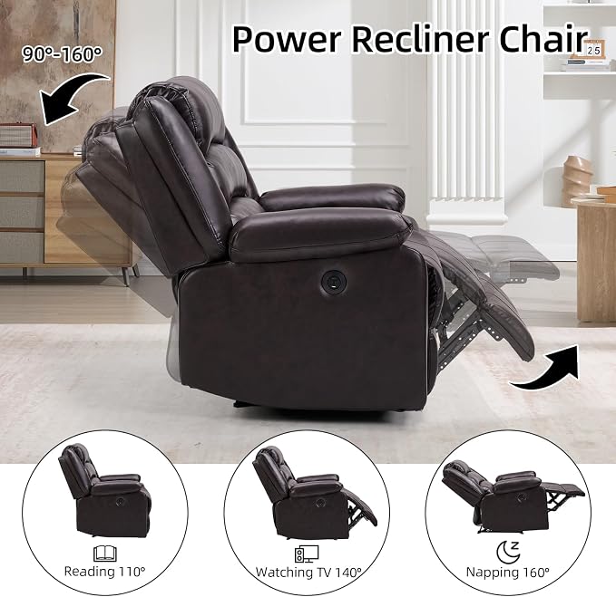 EBELLO Faux Leather Classic Power Recliner Chair, Oversized Electric Overstuffed Reclining Chair with Soft Cushion and Back, Sofa with Comfortable Armchair, Classic Brown