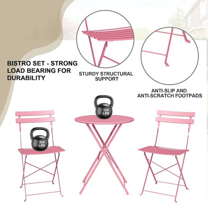 Bistro Table and Chairs Set of 2, 3 Piece Outdoor/Indoor Folding Patio Bistro Sets, 2 Chair Patio Furniture Set with Table, Premium Frame Foldable Coffee Tables for Balcony, Yard, Garden, Pink