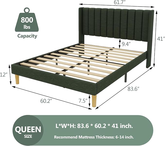 alazyhome Platform Bed Frame Queen Size with Upholstered Headboard, Solid Wood Slats Support, No Box Spring Needed, Noise Free, Easy Assembly, Modern Fabric Bed, Black