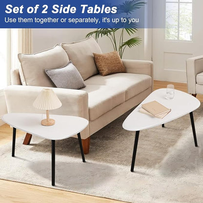 Nesting Triangle Coffee Table End Tables Set of 2 for Living Room Bedroom, Industrial Small Stacking Side Tables for Couch, White
