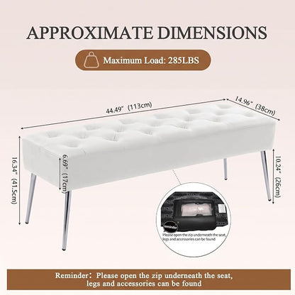 DUHOME Button-Tufted Ottoman Bench, Upholstered Footrest Stool Rectangular Dining Bench Leather Accent Bench for Entryway Dining Room Living Room Bedroom, White