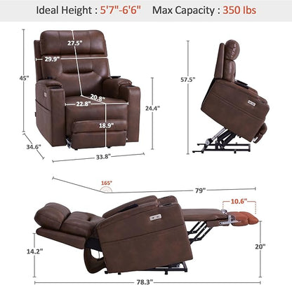 MCombo Lift Chair for Tall Man 6‘6’’, Dual Motor Power Lift Recliner Chair for Elderly, Lay Flat for Sleeping, Heat and Massage, USB & Type C, Faux Leather 7755 (Dark Brown)