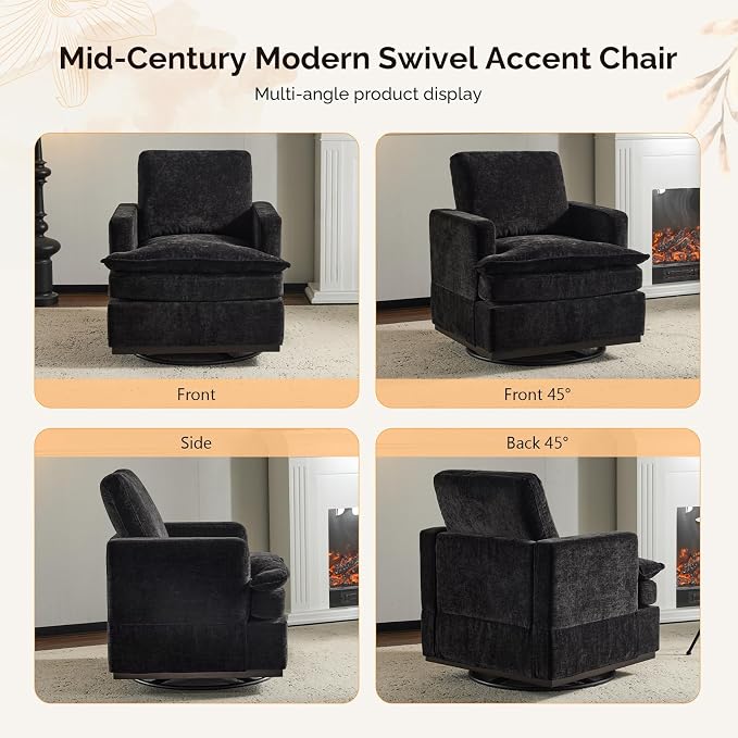 VINGLI 360° Swivel Accent Chair with Double-Layer Seat Cushions, Comfy Single Square Sofa Armchair, Upholstered Club Chair for Living Room,Bedroom, Reading Room, Chenille Black