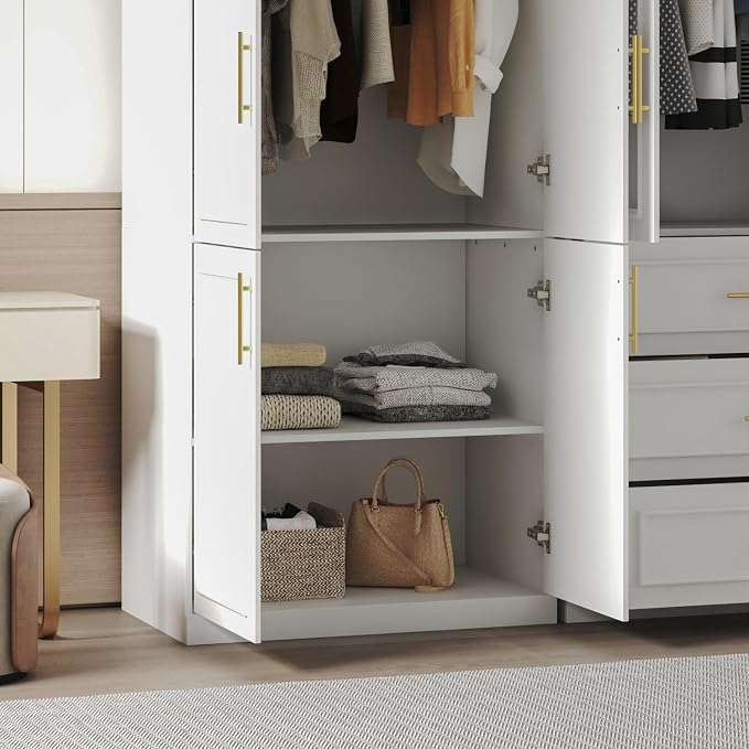 Timechee Almirah for Clothes, White Large Wardrobe Closet System, Bedroom Storage Cabinets with Tempered Glass Doors and Shelves,Hanging Rods, Standing Armoire Wardrobe Closet with Drawers for Bedroom