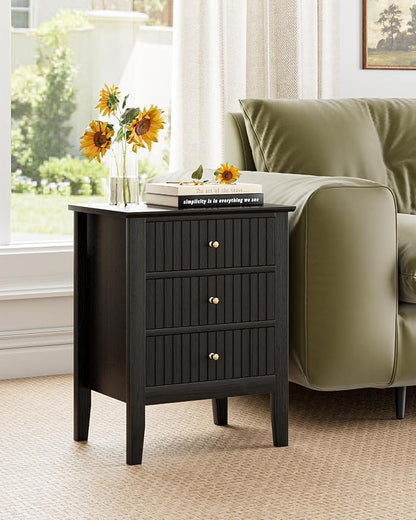 Fluted Nightstand, Farmhouse Night Stand with 3 Drawers, Mid Century Modern Side Accent Table,Bedside End Table for Bedroom, Living Room, Black