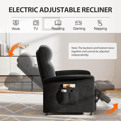 Power Recliner Chair for Adults with Heat & Massage - Soft Fabric Electric Reclining Sofa with Remote Control, 3 Side Pockets, 180° Lay Sleeper for Home Theater Living Room, Black