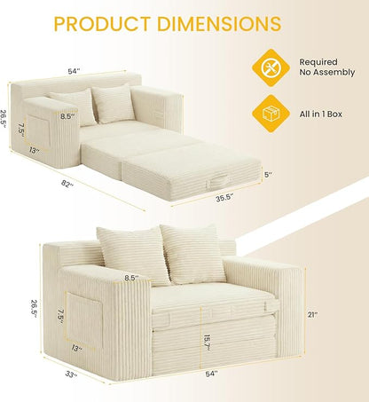 Boneless Couch,Boneless Loveseat Sleeper Sofa Bed – 3-in-1 Convertible Couch Bed with Side Pockets & Handle,Pull Out Corduroy Futon for Small Space,Living Room & Bedroom,2 Pillows Included,No Assembly