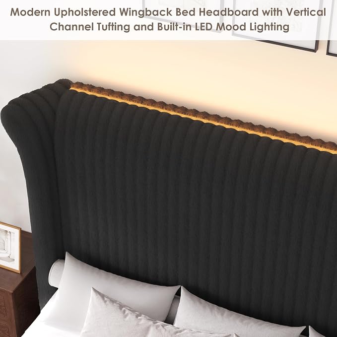 Keyluv King Bed Frame with 54.3” Tall Faux-Fur Wingback Headboard, Upholstered Platform Bed with LED Light, Mattress Foundation with Solid Wooden Slats Support, No Box Spring Needed, Noise-Free, Black